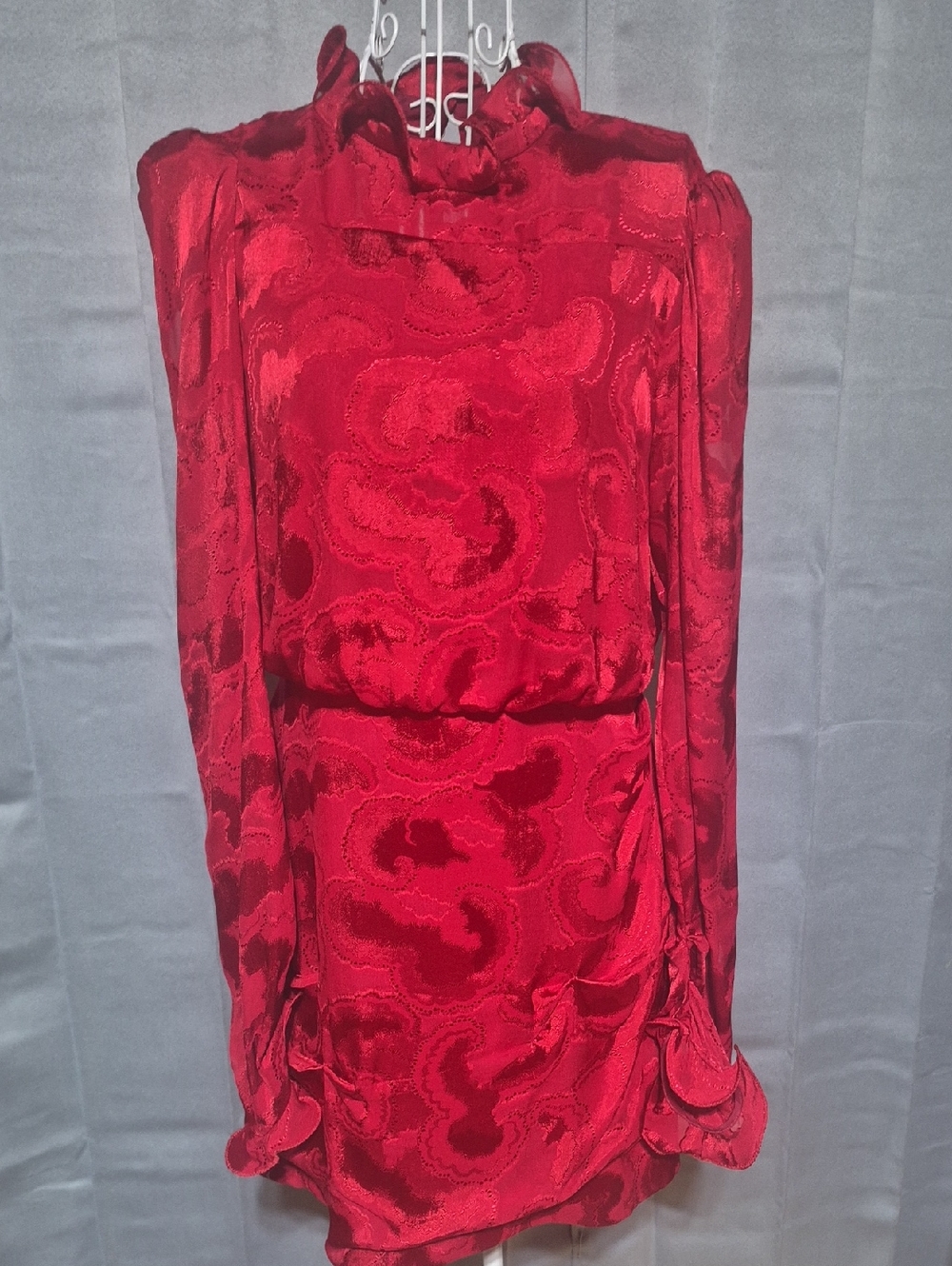 SALONI Red Jacquard Long-Sleeve Mini Dress